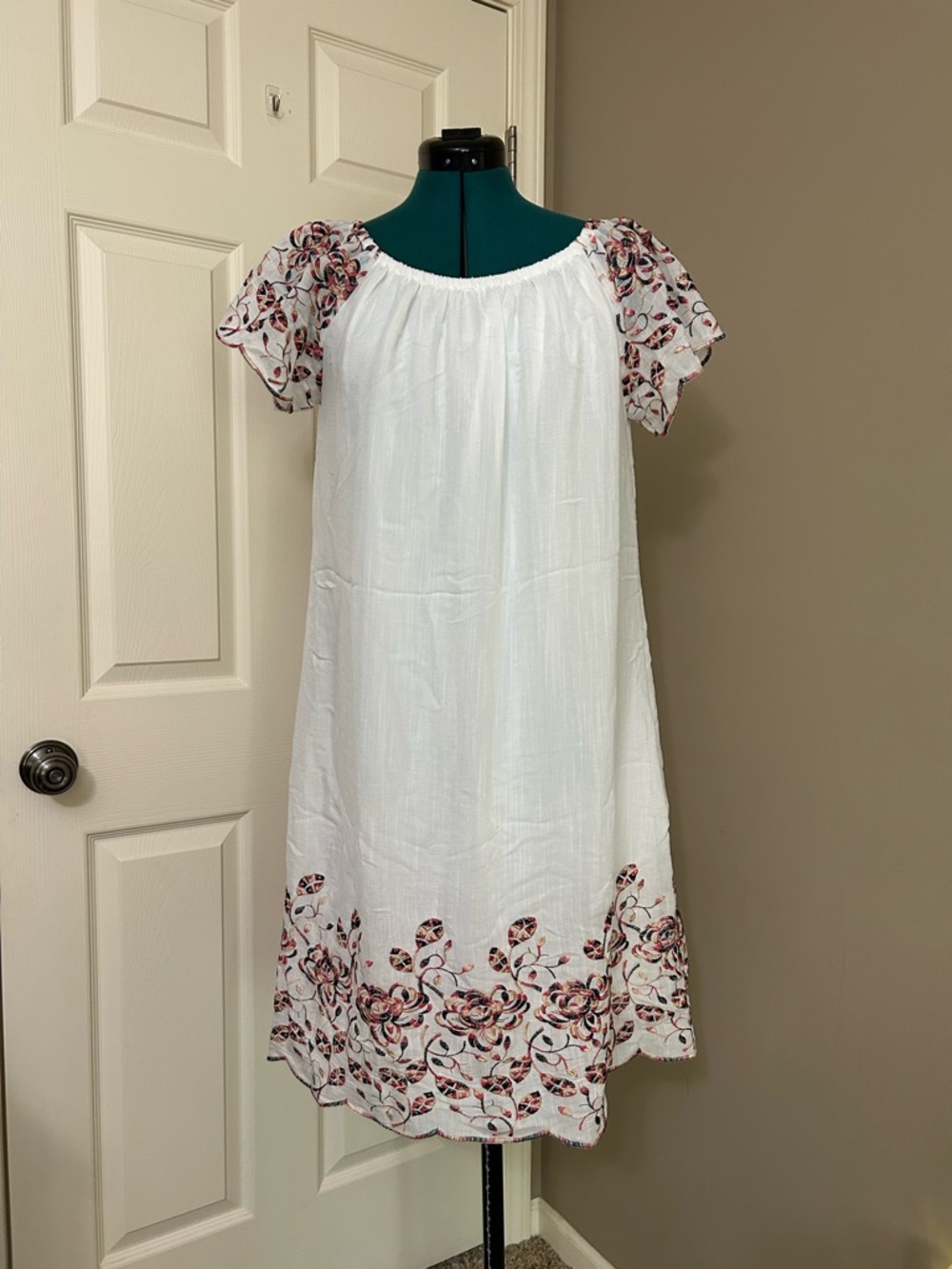 White Midi Dress with Pink Floral Embroidery